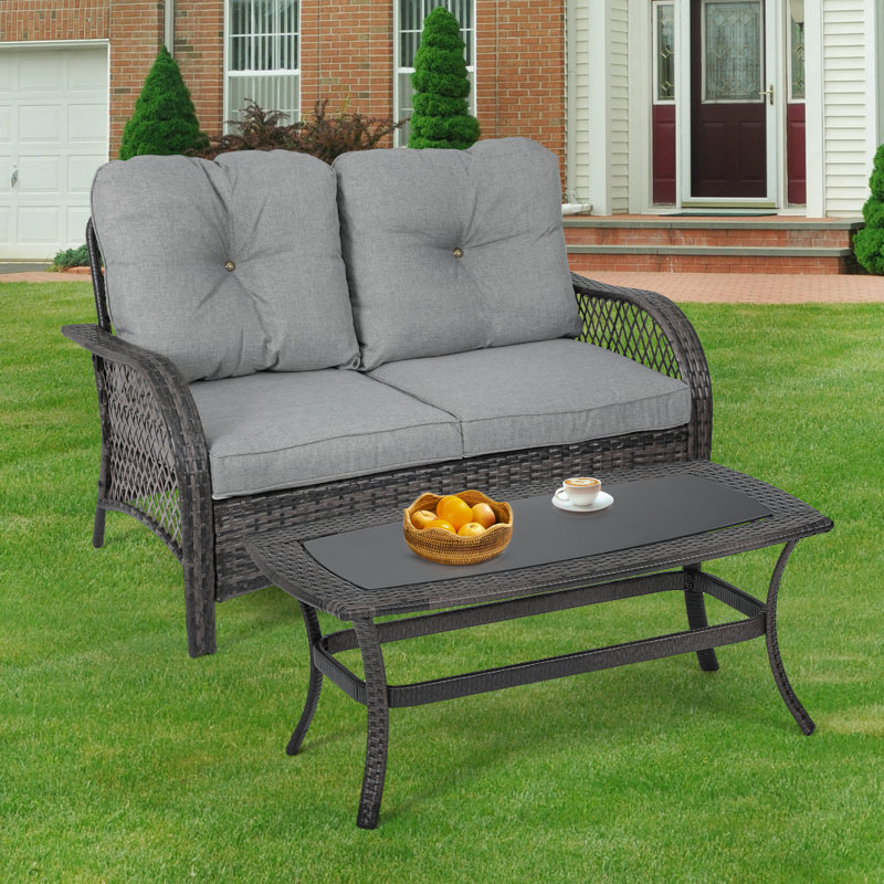 Red Barrel Studio 2 Piece Outdoor Patio Conversation Set Rattan Double Chair With Cushions Coffee Table Perfect For Balcony Or Poolside Wayfair